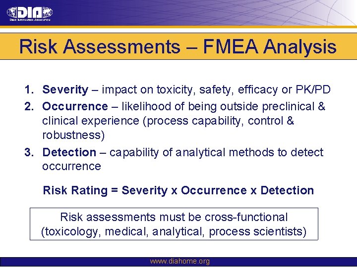 Risk Assessments – FMEA Analysis 1. Severity – impact on toxicity, safety, efficacy or