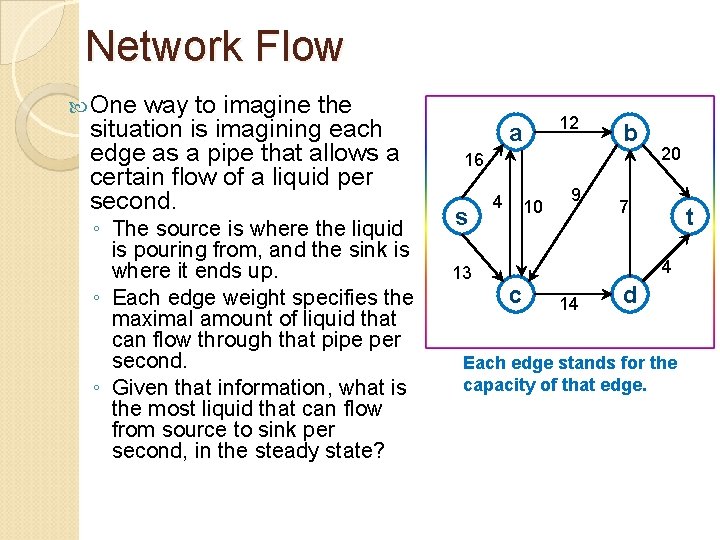 Network Flow One way to imagine the situation is imagining each edge as a