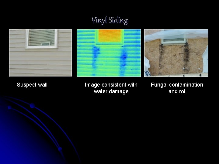 Vinyl Siding Suspect wall Image consistent with water damage Fungal contamination and rot 
