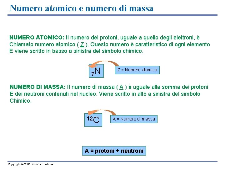 Numero atomico e numero di massa NUMERO ATOMICO: Il numero dei protoni, uguale a
