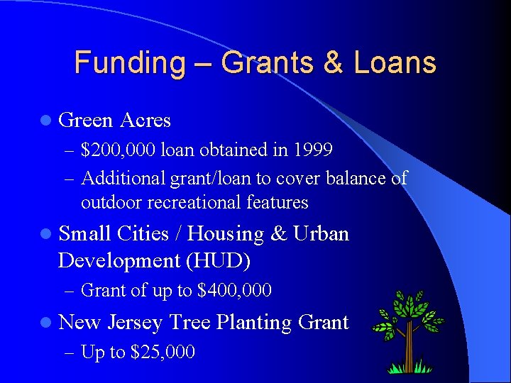 Funding – Grants & Loans l Green Acres – $200, 000 loan obtained in