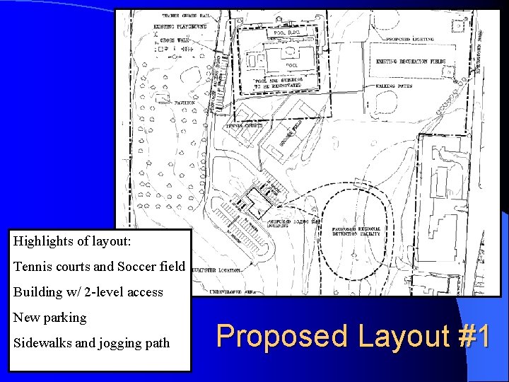 Highlights of layout: Tennis courts and Soccer field Building w/ 2 -level access New