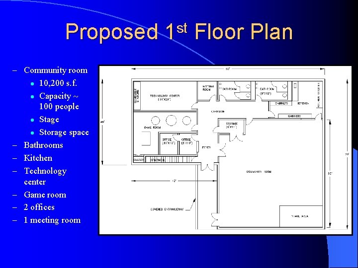 Proposed 1 st Floor Plan – Community room 10, 200 s. f. l Capacity