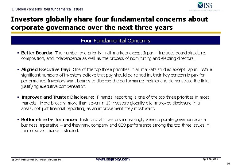 3. Global concerns: four fundamental issues Investors globally share four fundamental concerns about corporate