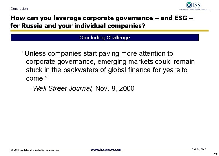 Conclusion How can you leverage corporate governance – and ESG – for Russia and