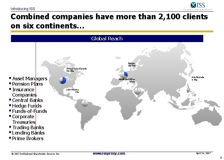 Introducing ISS Combined companies have more than 2, 100 clients on six continents… Global