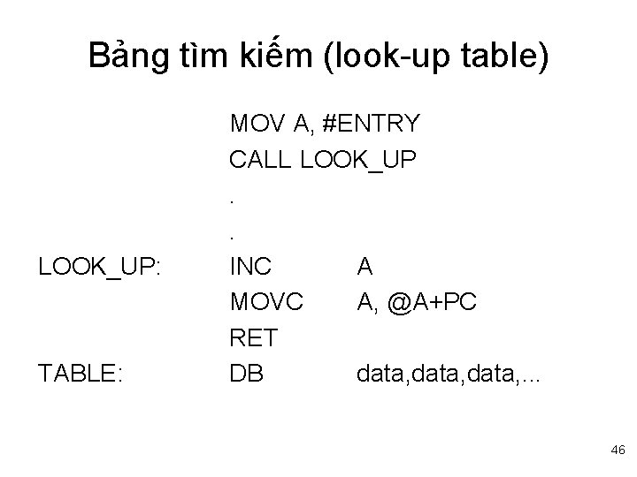 Bảng tìm kiếm (look-up table) LOOK_UP: TABLE: MOV A, #ENTRY CALL LOOK_UP. . INC