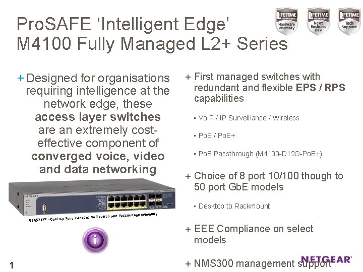 Pro. SAFE ‘Intelligent Edge’ M 4100 Fully Managed L 2+ Series + Designed for