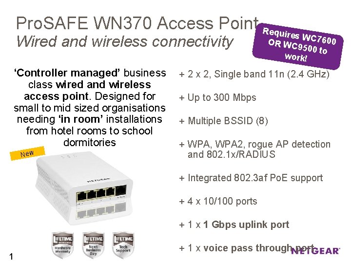 Pro. SAFE WN 370 Access Point Require Wired and wireless connectivity ‘Controller managed’ business