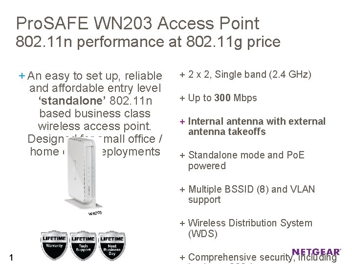 Pro. SAFE WN 203 Access Point 802. 11 n performance at 802. 11 g