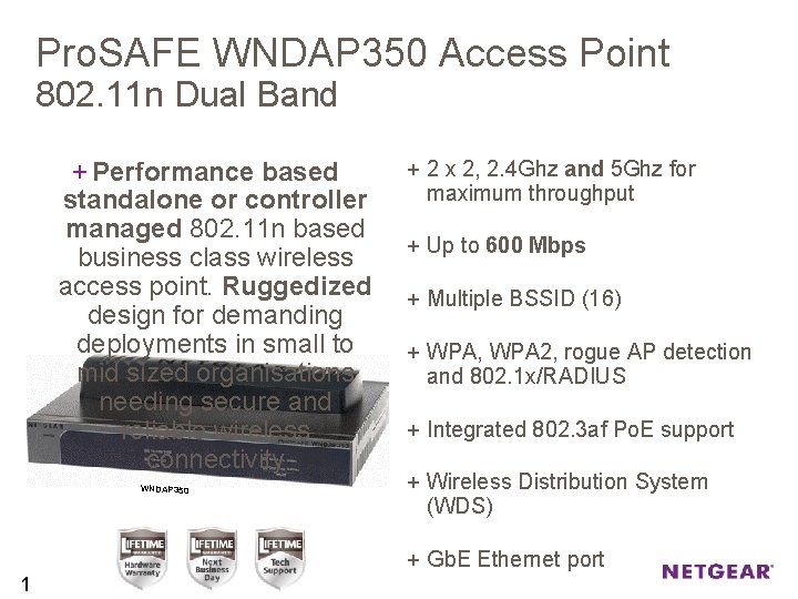 Pro. SAFE WNDAP 350 Access Point 802. 11 n Dual Band + Performance based