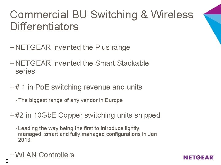 Commercial BU Switching & Wireless Differentiators + NETGEAR invented the Plus range + NETGEAR