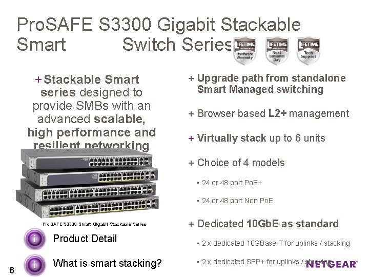 Pro. SAFE S 3300 Gigabit Stackable Smart Switch Series + Stackable Smart series designed