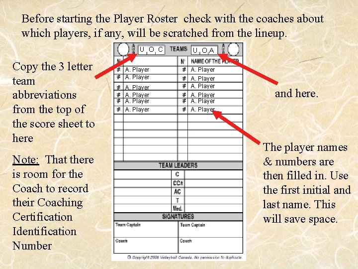 Before starting the Player Roster check with the coaches about which players, if any,