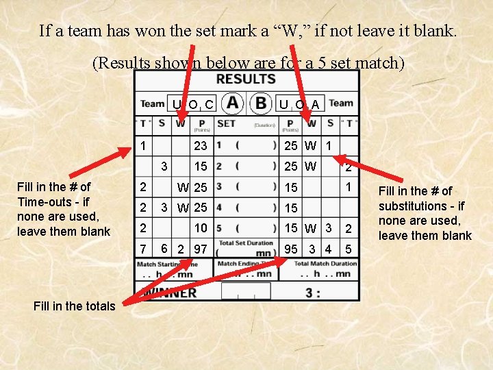 If a team has won the set mark a “W, ” if not leave