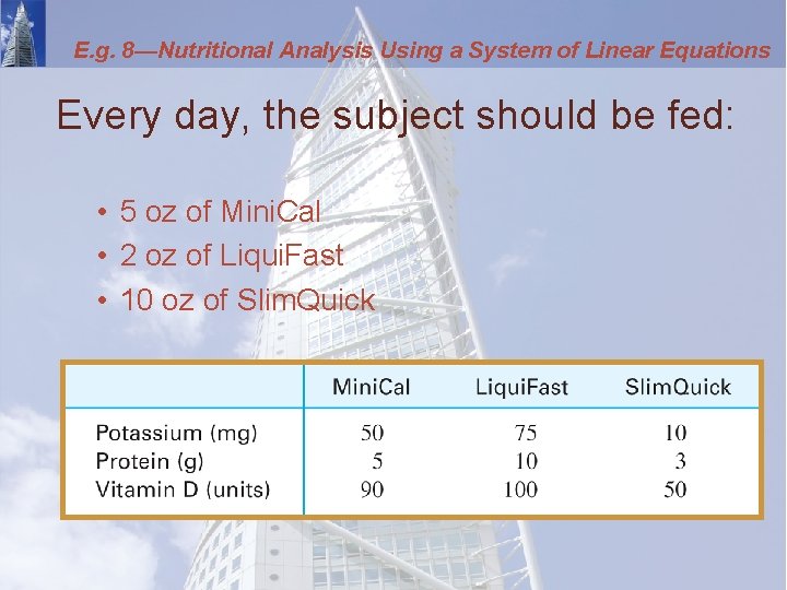 E. g. 8—Nutritional Analysis Using a System of Linear Equations Every day, the subject