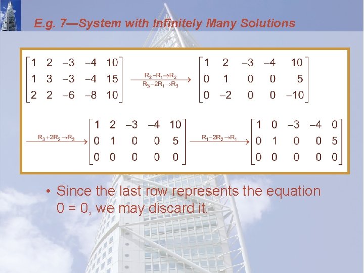 E. g. 7—System with Infinitely Many Solutions • Since the last row represents the