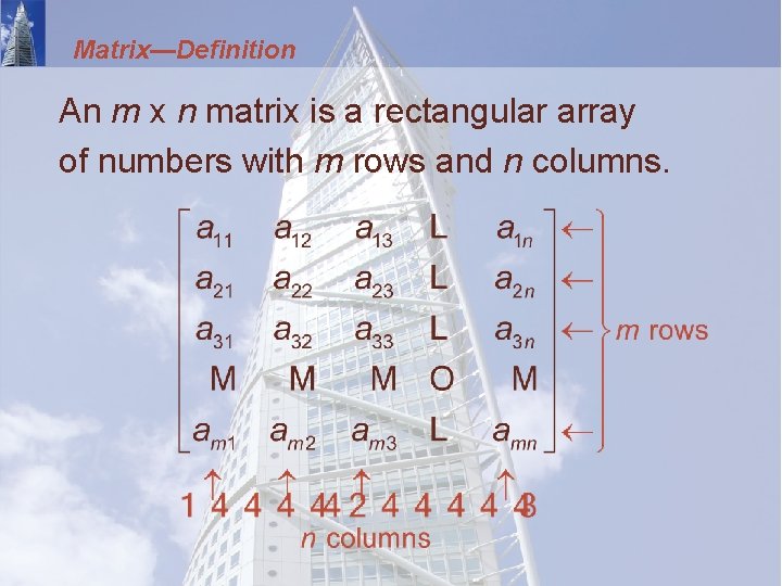 Matrix—Definition An m x n matrix is a rectangular array of numbers with m