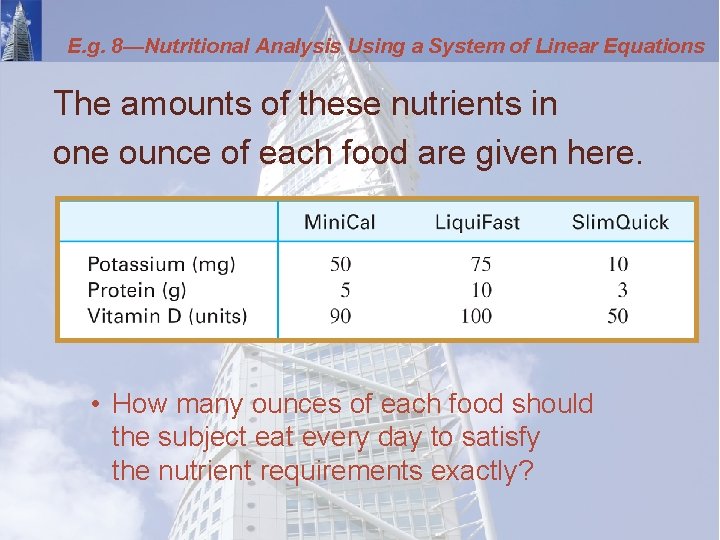 E. g. 8—Nutritional Analysis Using a System of Linear Equations The amounts of these
