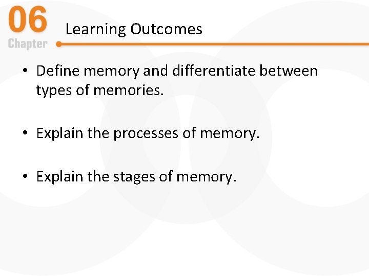 Learning Outcomes • Define memory and differentiate between types of memories. • Explain the