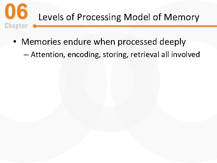 Levels of Processing Model of Memory • Memories endure when processed deeply – Attention,
