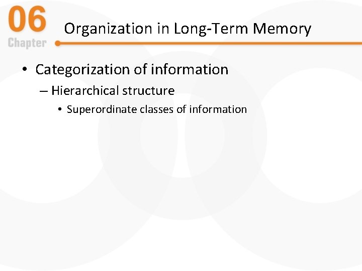 Organization in Long-Term Memory • Categorization of information – Hierarchical structure • Superordinate classes