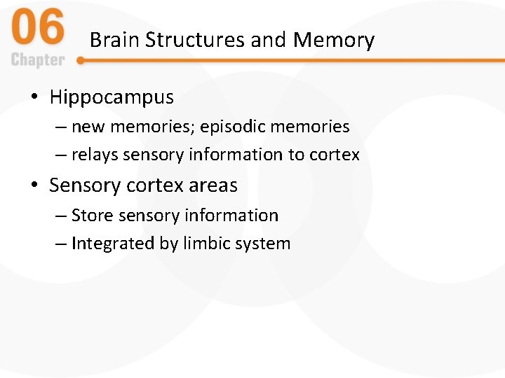 Brain Structures and Memory • Hippocampus – new memories; episodic memories – relays sensory