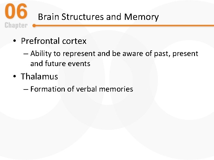 Brain Structures and Memory • Prefrontal cortex – Ability to represent and be aware