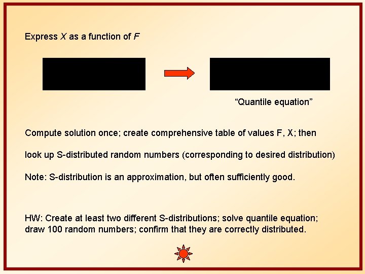 Express X as a function of F “Quantile equation” Compute solution once; create comprehensive