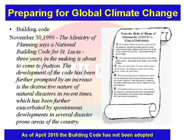 Preparing for Global Climate Change • Building code November 30, 1999 - The Ministry