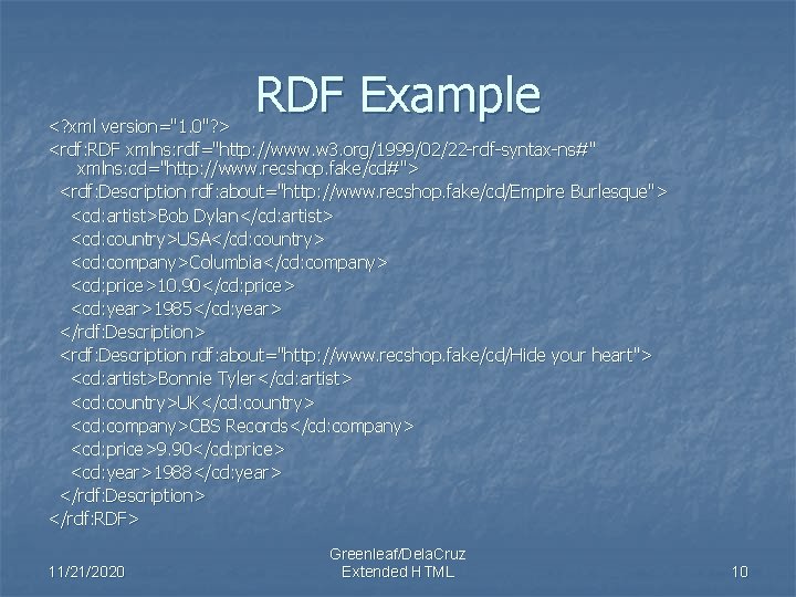 RDF Example <? xml version="1. 0"? > <rdf: RDF xmlns: rdf="http: //www. w 3.