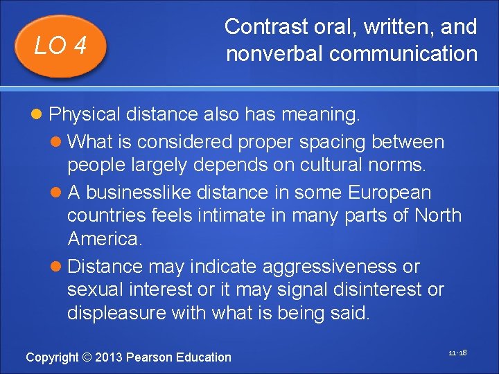 LO 4 Contrast oral, written, and nonverbal communication Physical distance also has meaning. What