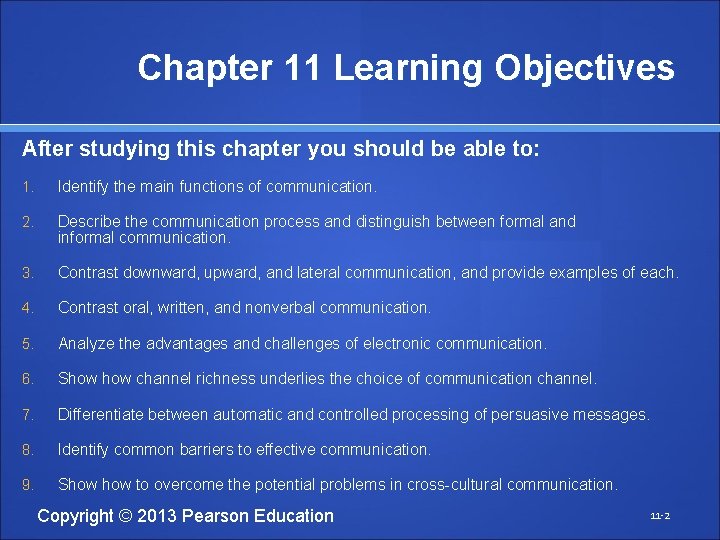Chapter 11 Learning Objectives After studying this chapter you should be able to: 1.