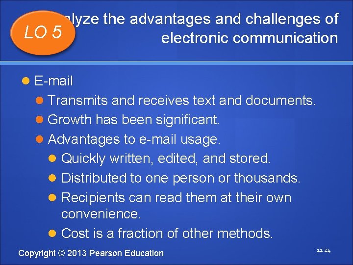 Analyze the advantages and challenges of LO 5 electronic communication E-mail Transmits and receives