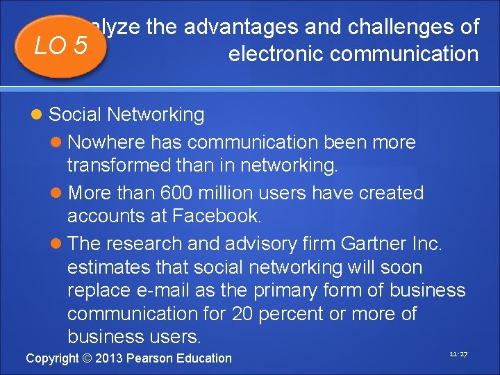 Analyze the advantages and challenges of LO 5 electronic communication Social Networking Nowhere has