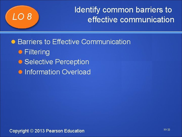LO 8 Identify common barriers to effective communication Barriers to Effective Communication Filtering Selective