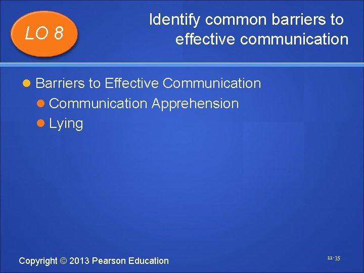 LO 8 Identify common barriers to effective communication Barriers to Effective Communication Apprehension Lying