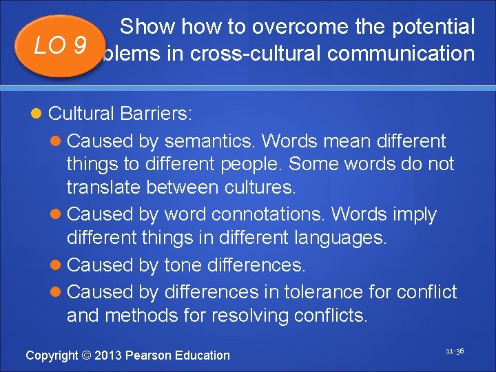 Show to overcome the potential LO problems in cross-cultural communication 9 Cultural Barriers: Caused