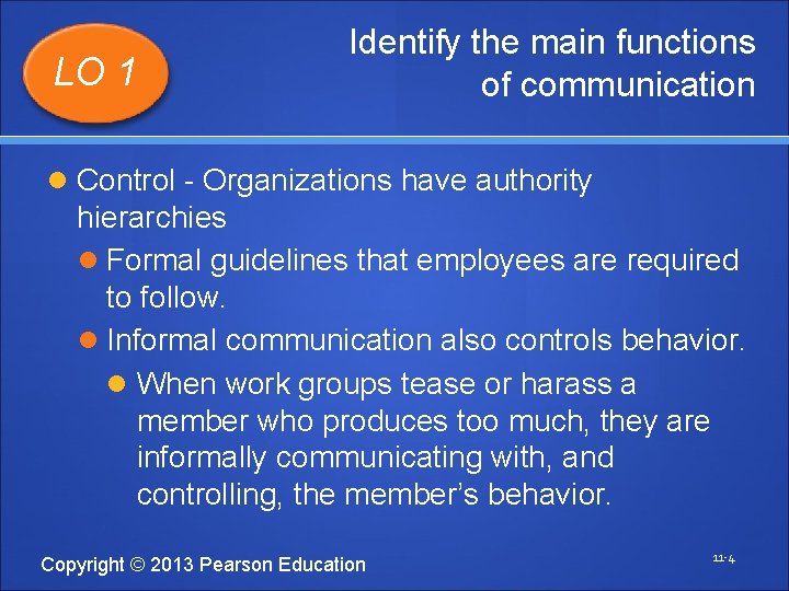 LO 1 Identify the main functions of communication Control - Organizations have authority hierarchies