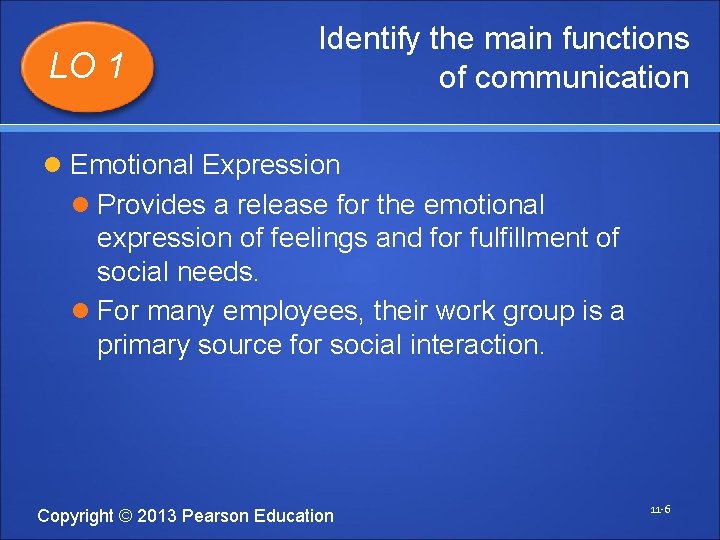 LO 1 Identify the main functions of communication Emotional Expression Provides a release for