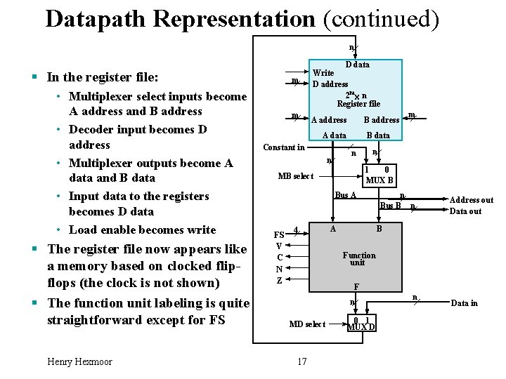 Datapath Representation (continued) n § In the register file: • Multiplexer select inputs become