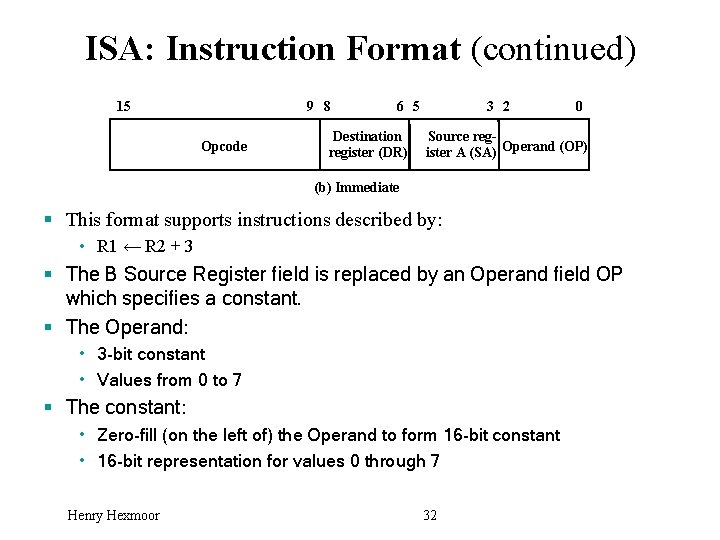 ISA: Instruction Format (continued) 15 9 8 Opcode 6 5 Destination register (DR) 3