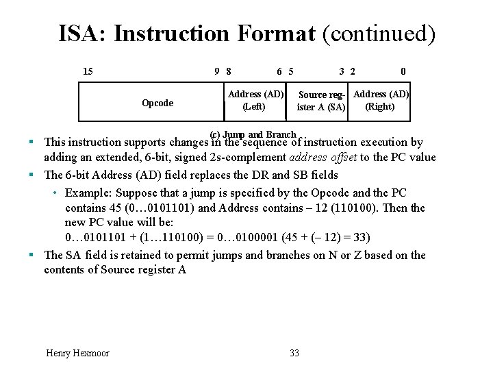 ISA: Instruction Format (continued) 15 9 8 Opcode 6 5 Address (AD) (Left) 3