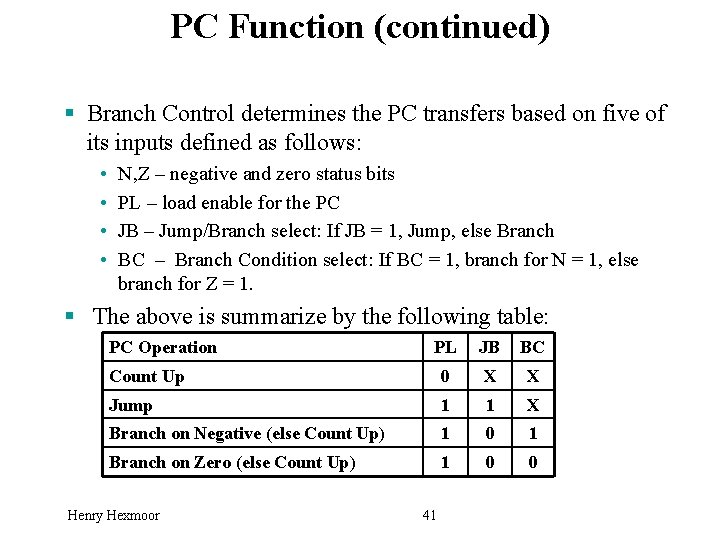 PC Function (continued) § Branch Control determines the PC transfers based on five of