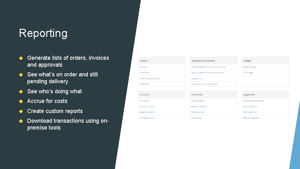 Reporting Generate lists of orders, invoices and approvals See what’s on order and still