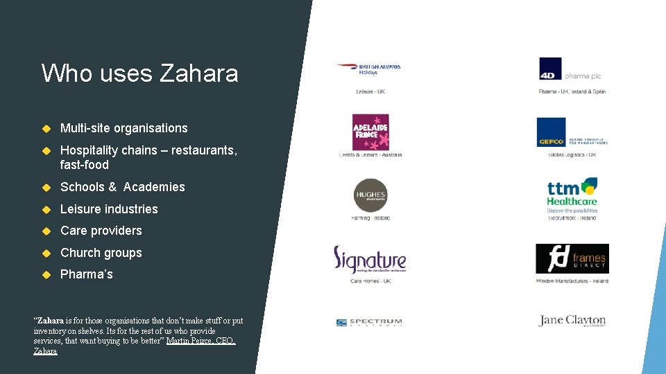 Who uses Zahara Multi-site organisations Hospitality chains – restaurants, fast-food Schools & Academies Leisure