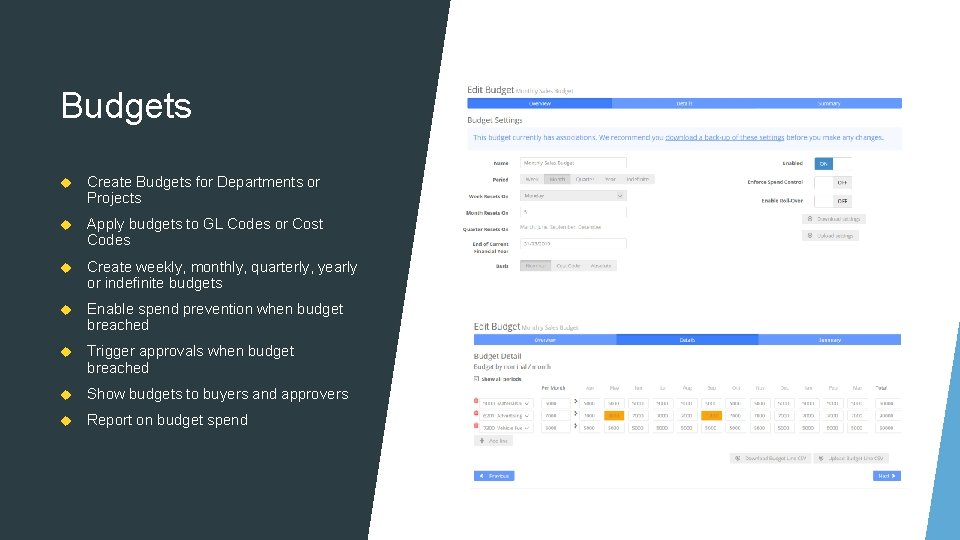 Budgets Create Budgets for Departments or Projects Apply budgets to GL Codes or Cost