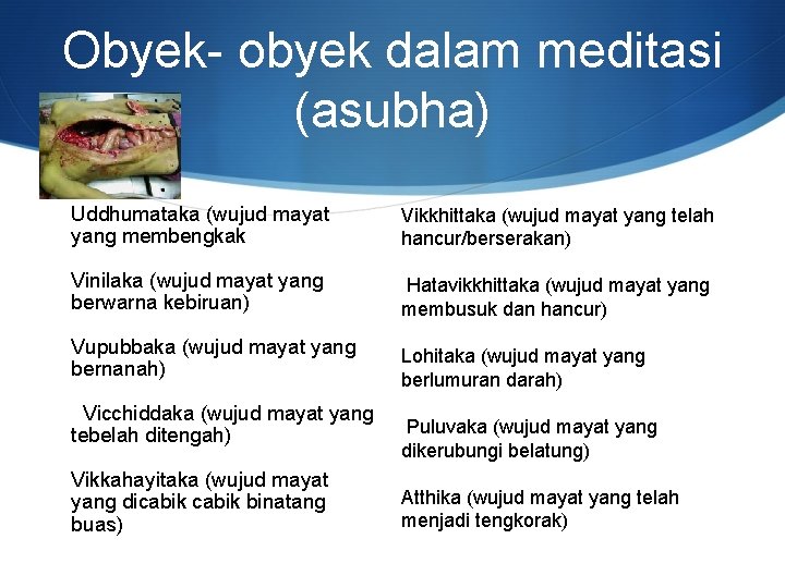 Obyek- obyek dalam meditasi (asubha) Uddhumataka (wujud mayat yang membengkak Vinilaka (wujud mayat yang