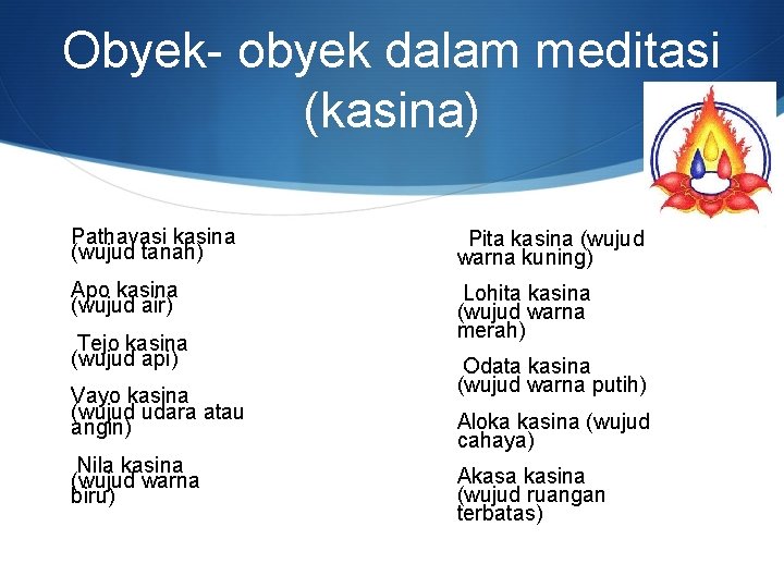 Obyek- obyek dalam meditasi (kasina) Pathavasi kasina (wujud tanah) Pita kasina (wujud Apo kasina