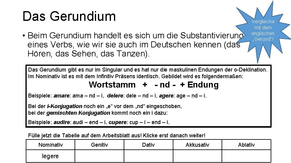 Das Gerundium • Beim Gerundium handelt es sich um die Substantivierung eines Verbs, wie